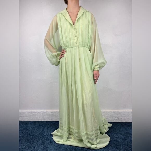 Vintage 70s Marita By Anthony Muto Sheer Balloon Sleeve Pleated Gown Green M/L - Picture 2 of 16